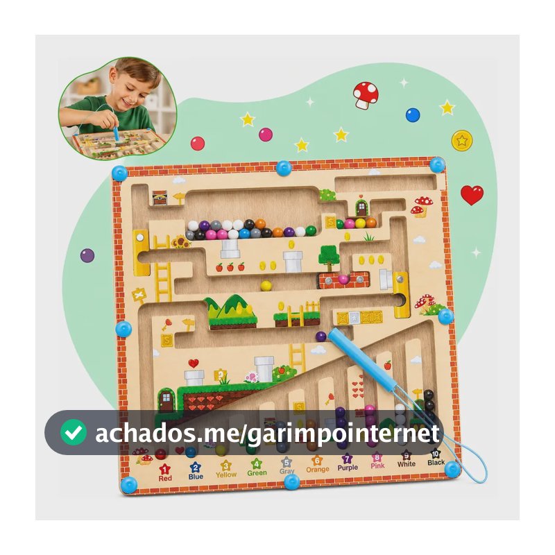 Labirinto Magnético Coordenação Motora Pedagógico Imã Montessori Madeira Brinquedo Infantil Educativo Colorido Criança Quebra Cabeça Kizumba