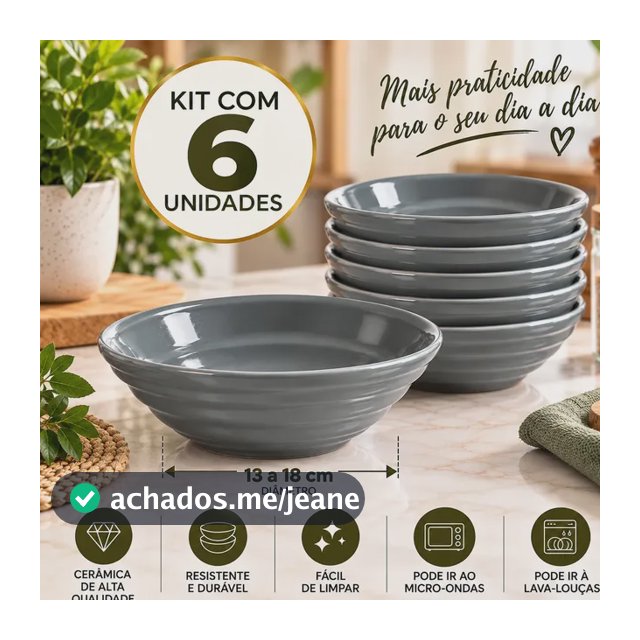 Kit 6 Bowls De Cerâmica Cinza Para Sopa Açaí Cereais Saladas Cinza-escuro
