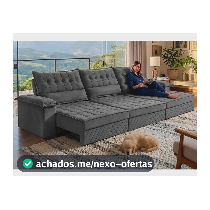 Sofá Retrátil 3,60m Molas E Espuma D33 Thunder. Cama Inbox Cinza Liso