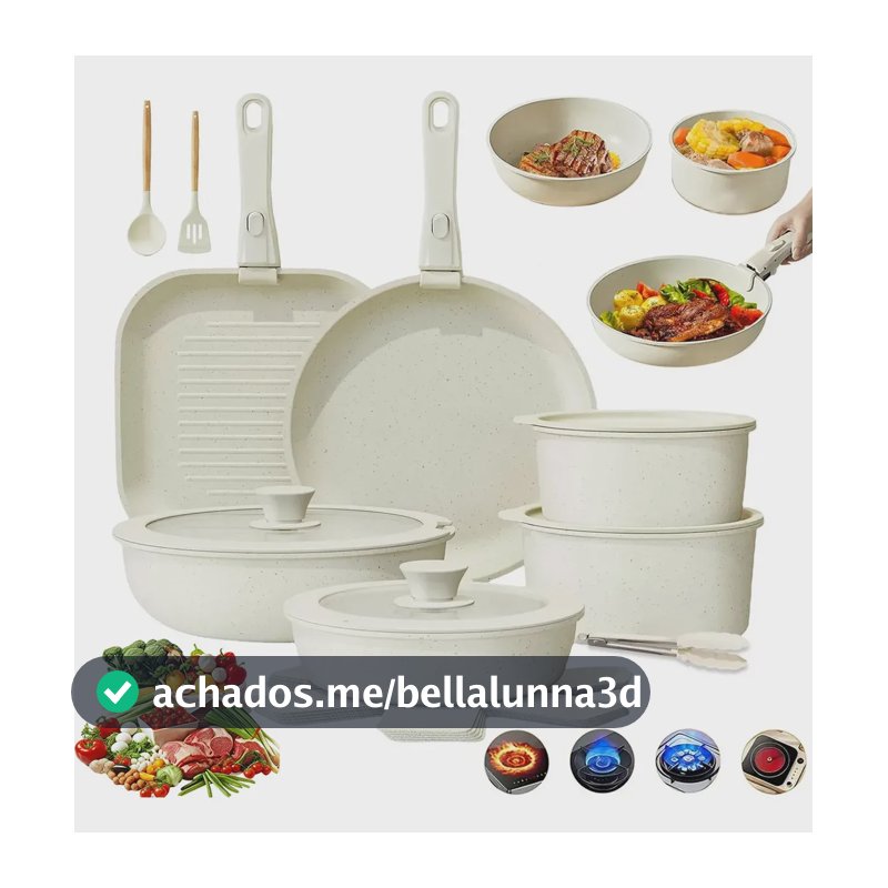 Jogo De Panelas Indução/gás Cerâmico Antiaderentes 20 Pçs Creme