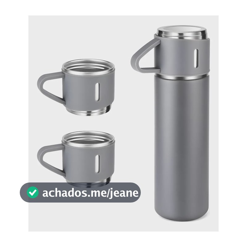 Caneca Kit Garrafa Térmica Vacuum Bottle Inox 500ml + 3 Xíca Cinza