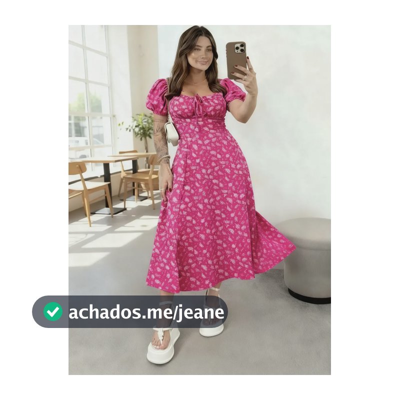 Vestido Midi Manga Bufante Floral Com Fenda E Bojo Premium Pink Florido M