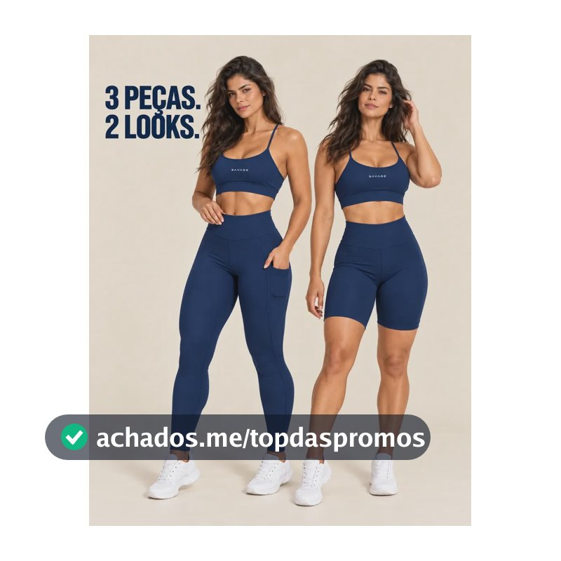 Kit Fitness Feminino: Calça Legging + Top + Shorts Cós Alto Azul-marinho Liso G