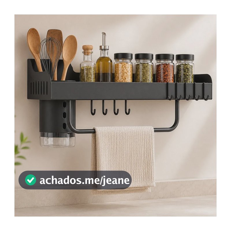 Organizador De Parede 40cm Para Cozinha Sem Furos Premium Preto