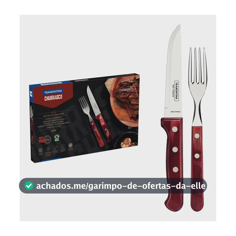 Jogo de Talheres Jumbo Churrasco com Lâminas em Aço Inox e Cabos de Madeira Polywood Vermelho 12 Peças Tramontina