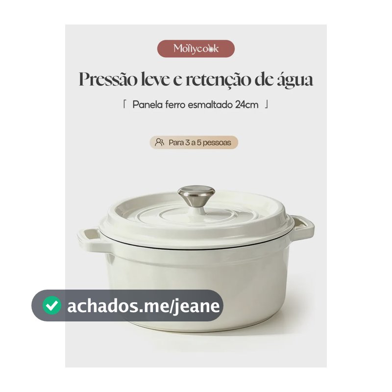Mollycook Panela Caçarola de Ferro Fundido Esmaltado 24cm 3.8L Fogão Indução e Forno Com Tampa Branca