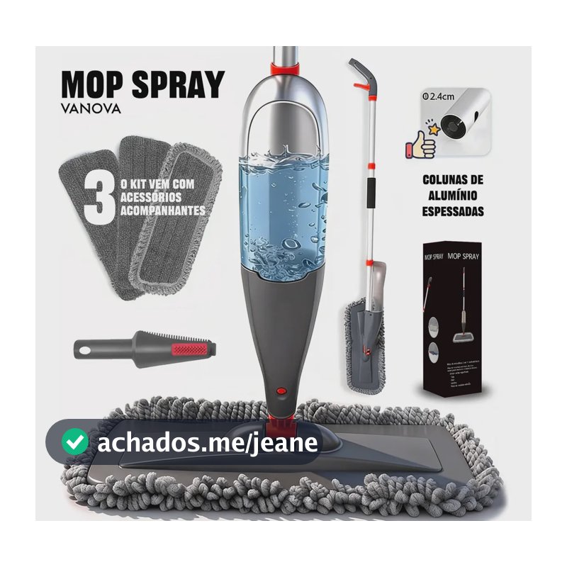 Vanova Mop Spray 360 Reservatório 800ml Cabeça Giratória 360 Microfibra Lavável 3 Panos Cabo de Alumínio Leve Para Piso Laminado Porcelanato Vinílico Madeira Selada