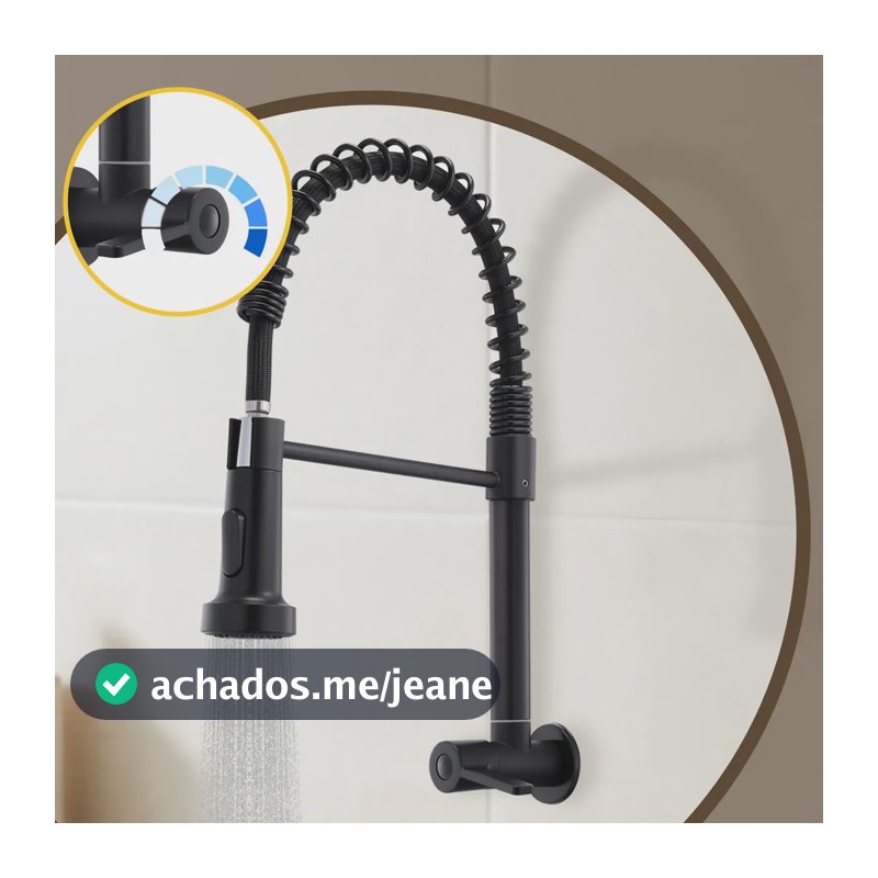 Torneira Cozinha Gourmet Monocomando Flexível Com Mola Luxo Preto Parede