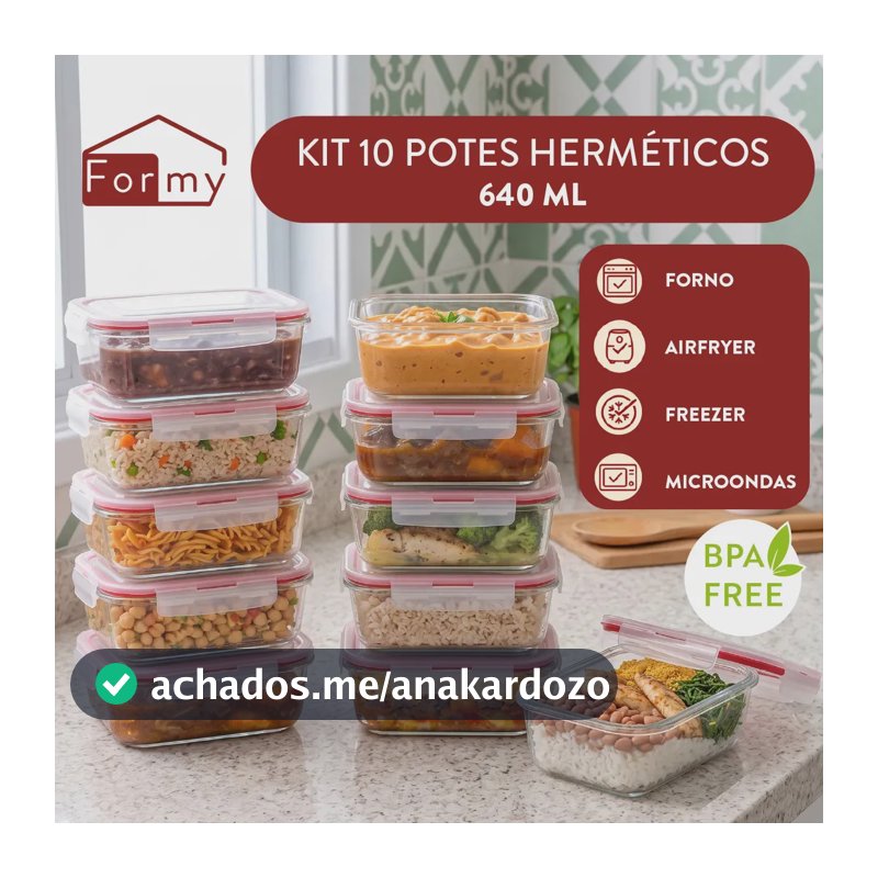 Kit 10 Pote De Vidro Marmita Hermético 640ml Freezer Fitness Borossilicato 4 Travas Micro-ondas Azul-Escuro