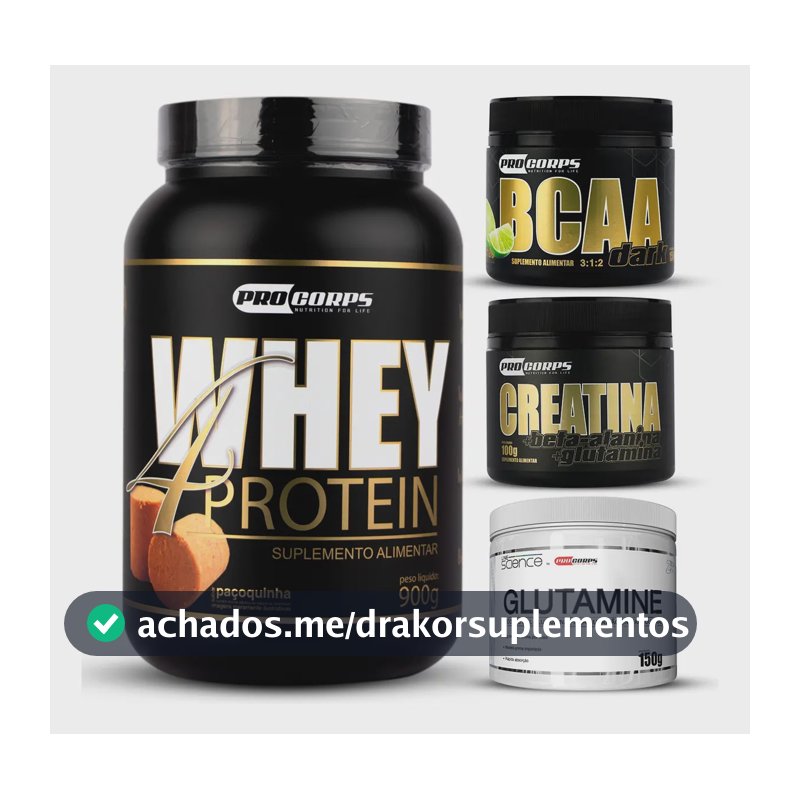 Whey Beta 4 Protein 900g + Bcaa + Creatina + Glutamina Sabor Morango