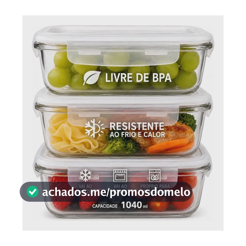 Kit 3 Potes Vidro 1040ml Hermético Marmita Forno Refratário Transparente