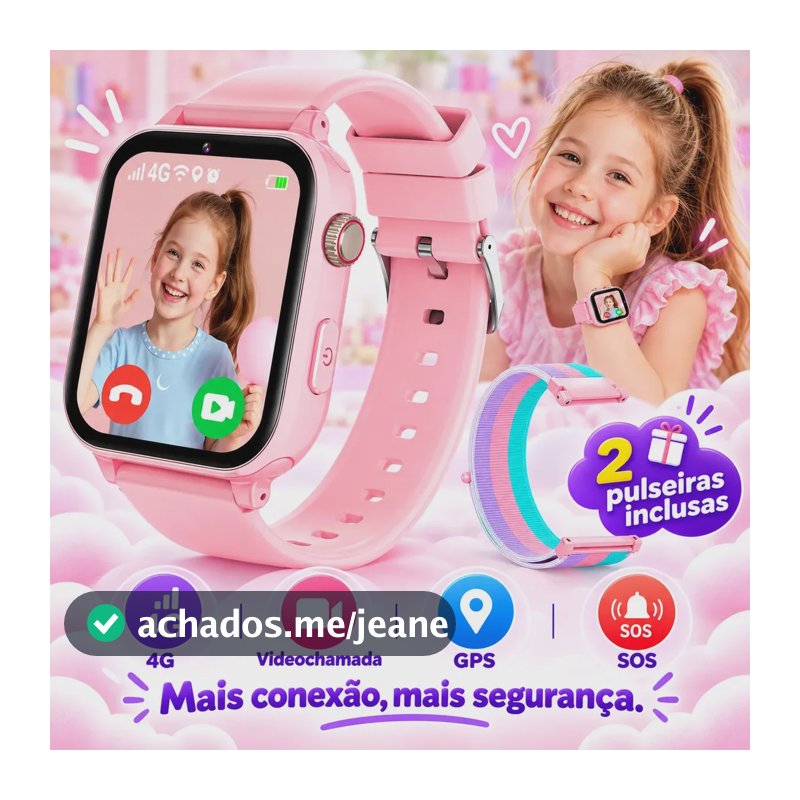 Smartwatch Infantil 4G GPS Videochamada SOS CUCO BLUE A22 Rosa Compatível com Nano SIM Wi-Fi Câmera Localização 2 Pulseiras