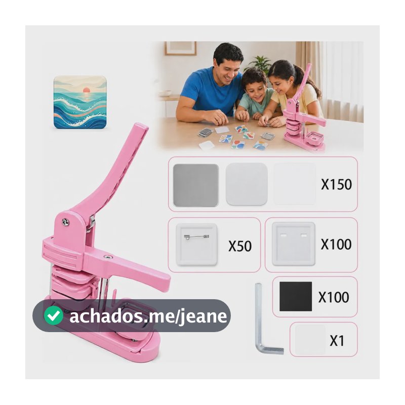 Kit De Máquina De Ímã Fotográfico Para Fazer Botões 50×50mm Rosa