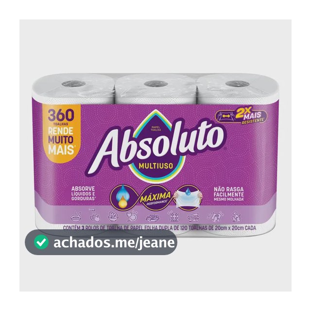 Papel Toalha Absoluto Multiuso 360 Folhas Com 3 Unidades