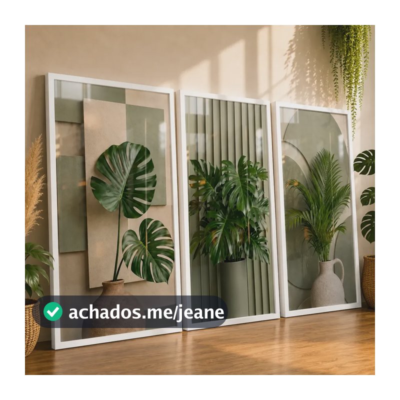 Quadros Decorativos Sala Folhas Verde Geométrico Boho 122x60 Branco