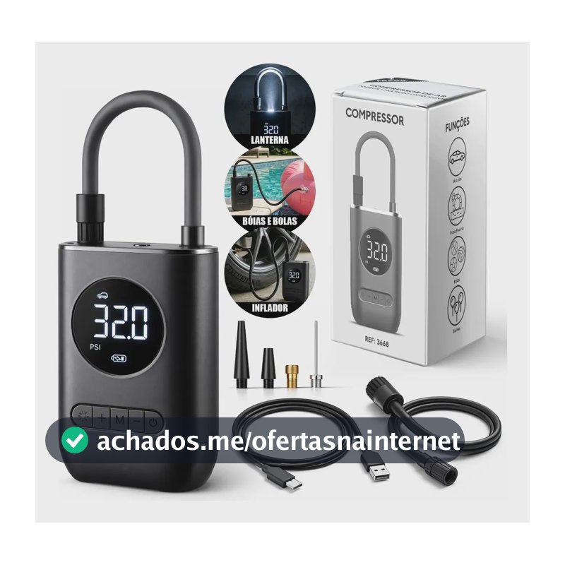Mini Compressor de Ar Digital Portátil Recarregável USB-C Lumi para Pneus de Carro, Moto e Bicicleta Inflador Elétrico de Bolas e Infláveis Display LCD Alta Pressão Sem Fio Preto