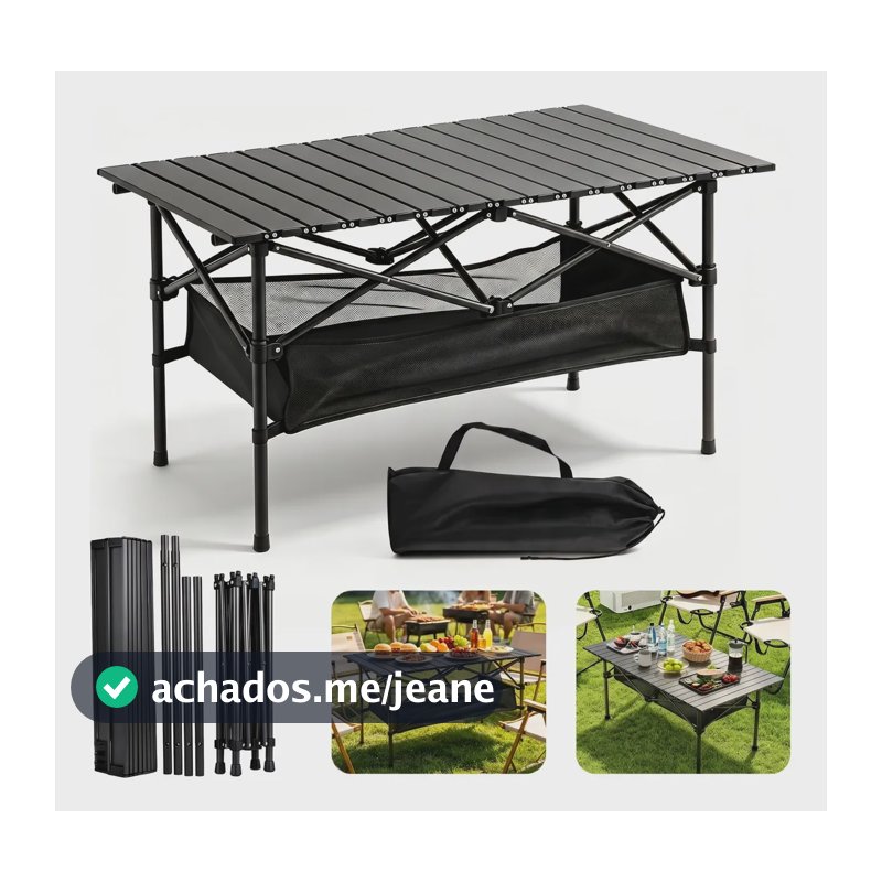 Mesa Portátil Camping Praia Dobrável Leve Com Cesto E Bolsa Preto