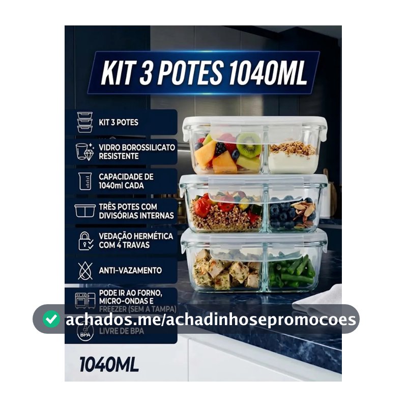 Kit 3 Potes de Vidro 1040ml com Divisória e Tampa Hermética Borossilicato Pítia