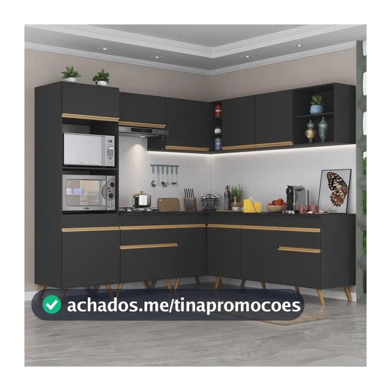 Armário Cozinha Completa De Canto Veneza Multimóveis V2045 Cor Preto/Dourado