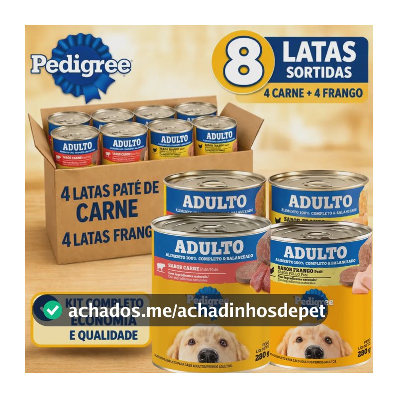 Pedigree Ração Sachê Kit 8 Lata Cães Sabor Patê Carne Frango