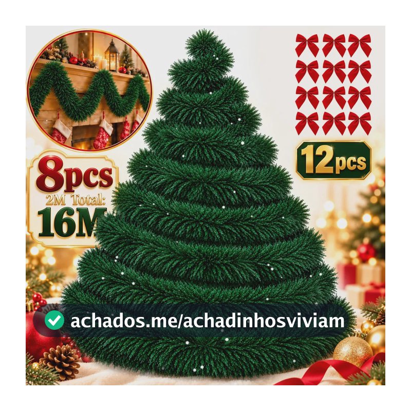 16M 8 Tiras Festão Natal Verde Grosso Cheio Conjunto Cada tira com 2 Metros Flexível Algas Artificiais 12 Laços Vermelho Dourado Decoração Natalina Varanda Lareira Corrimão Escada lookloook