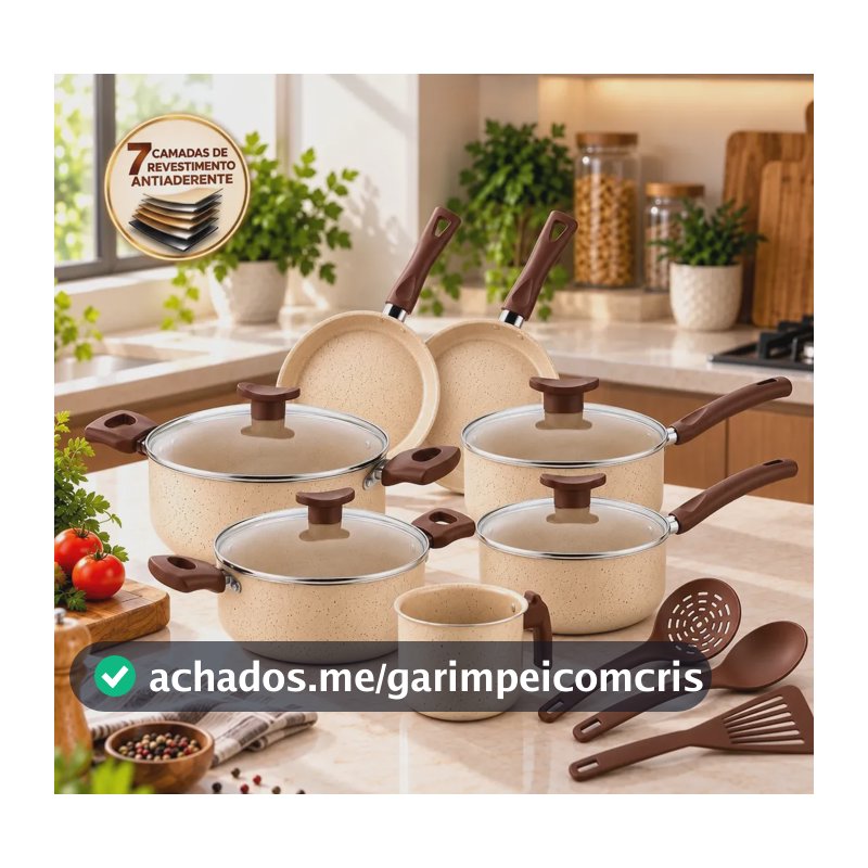 Jogo de Panelas Antiaderente 7 Camadas 10 Peças Kit Cozinha Casa Nova com Tampas de Vidro Caçarolas Frigideiras Retas Fundas Fervedor Leiteira e Utensílios Conjunto Compacto Dia a Dia Baunilha
