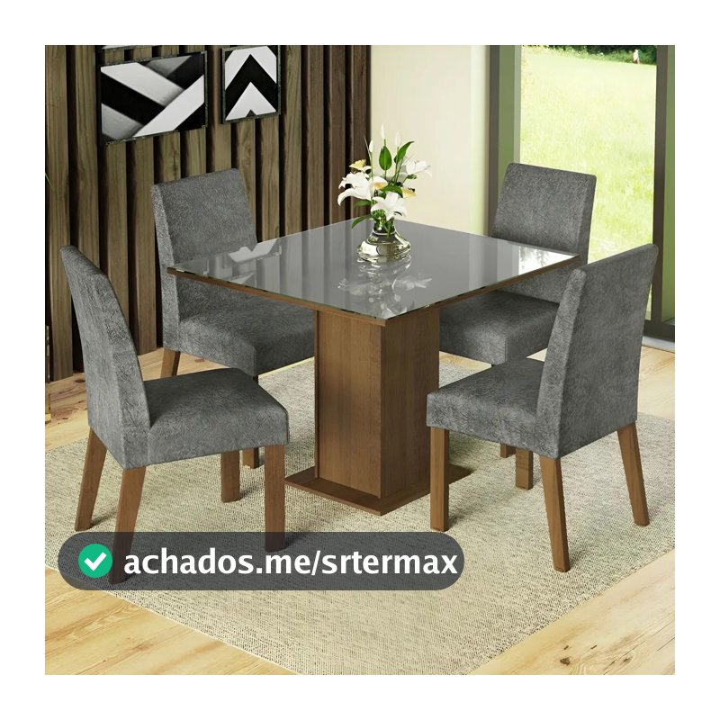 Sala Jantar Estofada Mesa Tampo Vidro 4 Cadeiras Madesa Anne Rcs Cor Rustic/Cinza/Silver MDJA040140F9SIL