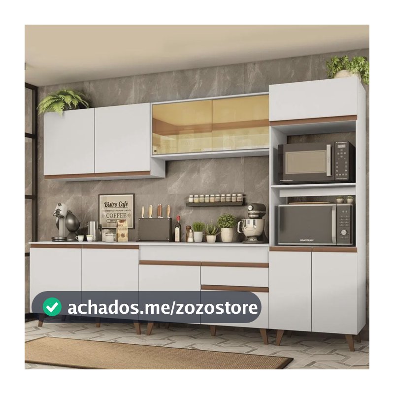 Armário De Cozinha Completa Modulada com Balcão para Cooktop Madesa Reims GRRM31000109 Com Armário Branco