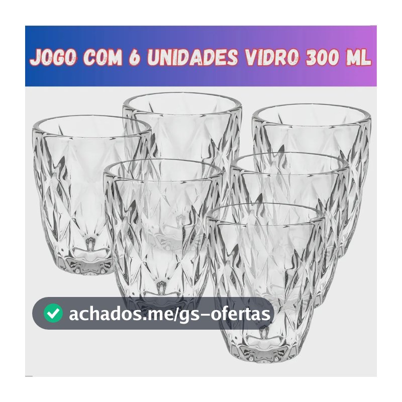 Jogo 6 Copos Vidro Diamante Grosso Resistente Agua 300ml Branco Ms Variedades