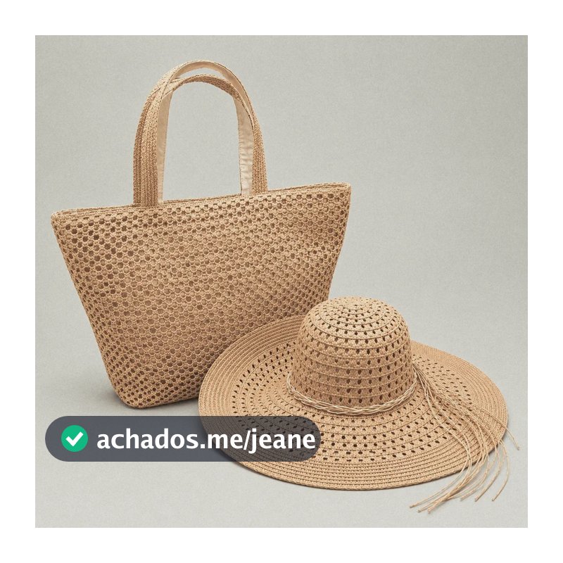 Kit Bolsa E Chapéu Praia Grande Palha Sintética Verão Moda Marrom-claro