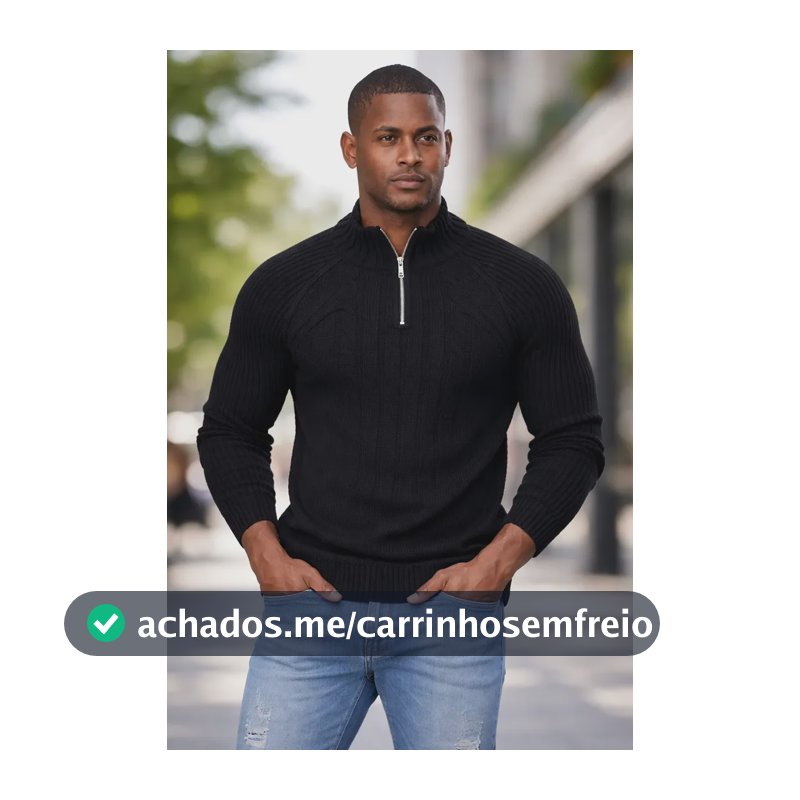 Blusa Tricô Masculina Meio Zíper Suéter Casual 7139 Preto Gg