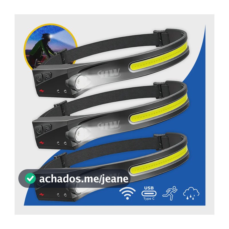 Kit 3 Lanternas De Cabeça Hw Led Recarregável Com Sensor De Movimento E Fita Ajustável Usb  Leve, Potente E Mãos Livres Branco