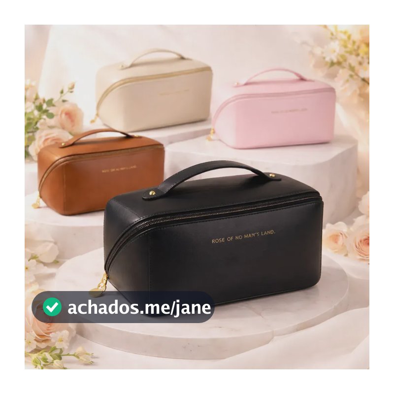 Nécessaire Tche Amo: Estojo de Toalete Preto em Couro Sintético Impermeável com Zíper