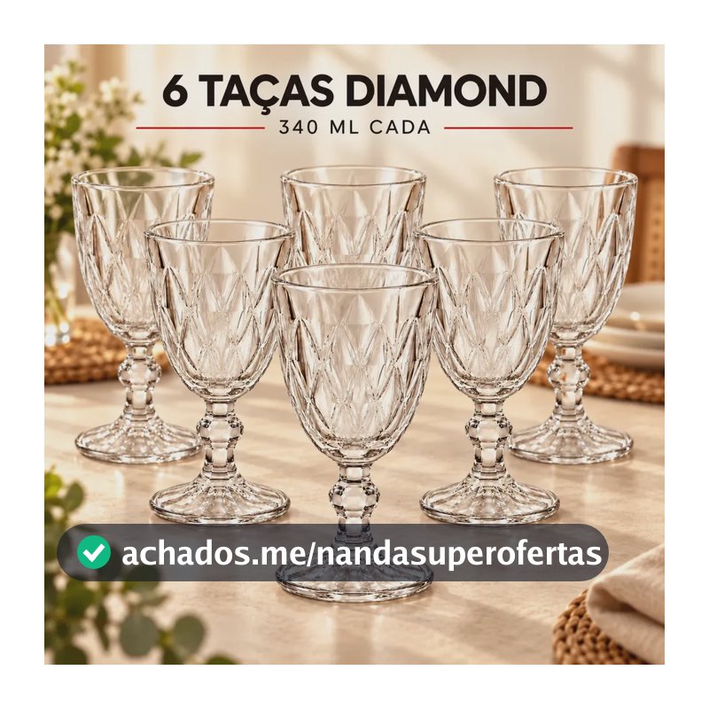 Jogo 6 Taças Diamond Vidro Transparente 340ml - Taças para Água Suco Vinho Mesa Posta Elegante - UTILIVERY UTILIDADES