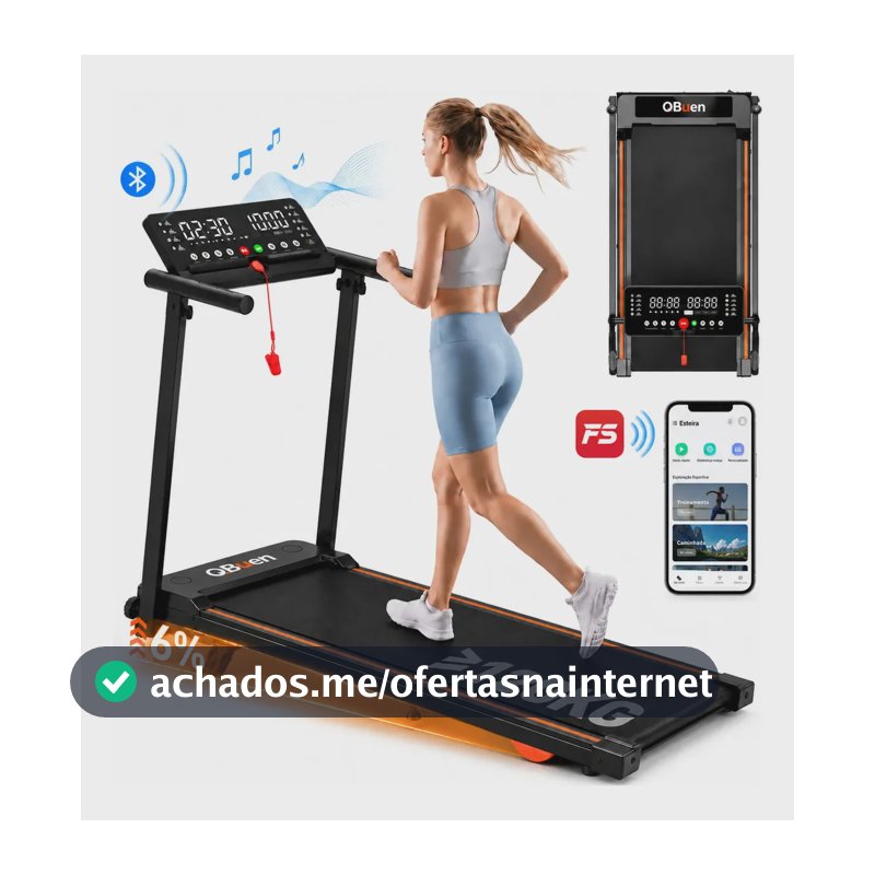 Esteira Elétrica Dobrável QBuen para Casa e Apartamento, 2.5HP, 12km/h, Suporta 120kg, Bluetooth, App, Tela LED e Bivolt, Inclinação Manual 6°, Monitor Cardíaco