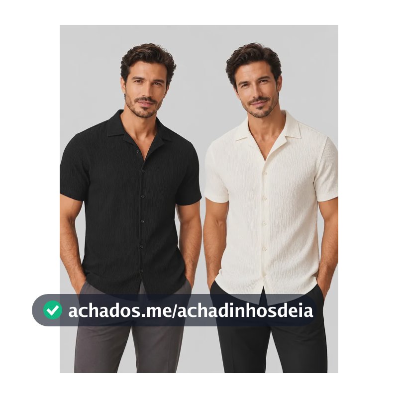 Kit 2 Camisas Masculinas Gola Cubana Texturizada Manga Curta Preto + Off White M
