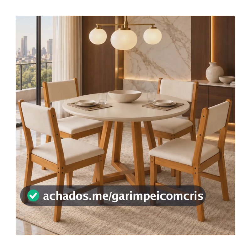 Sala de Jantar Mesa Redonda Valentina Off White Nature com 4 Cadeiras Lugano Freijó Marfim Estofadas Suede Sala Cozinha Moderna