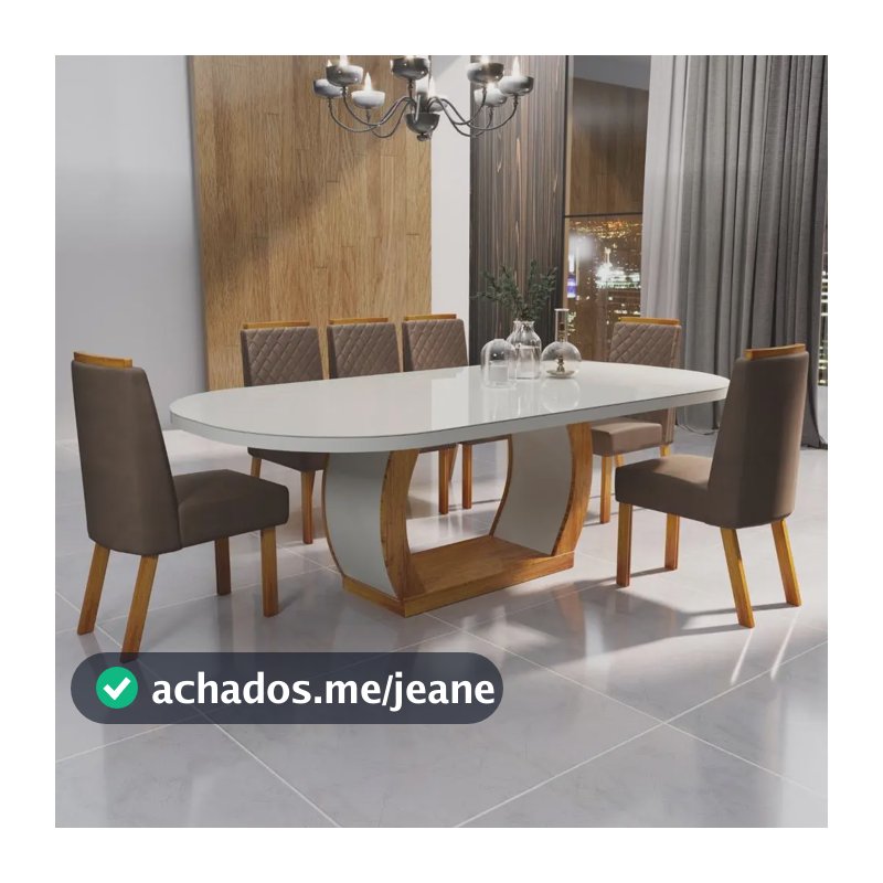 Sala De Jantar 196x90 Mel Mdf/vidro 6 Cadeiras Bom Pastor Off- White Naturale Marrom