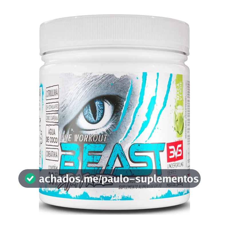 PRÉ TREINO SEM CAFEÍNA BEAST 300g - Sabor Maçã Verde - Fórmula Exclusiva com Citrulina, Beta Alanina, Creatina, Água de Coco, Arginina, Taurina e Tirosina
