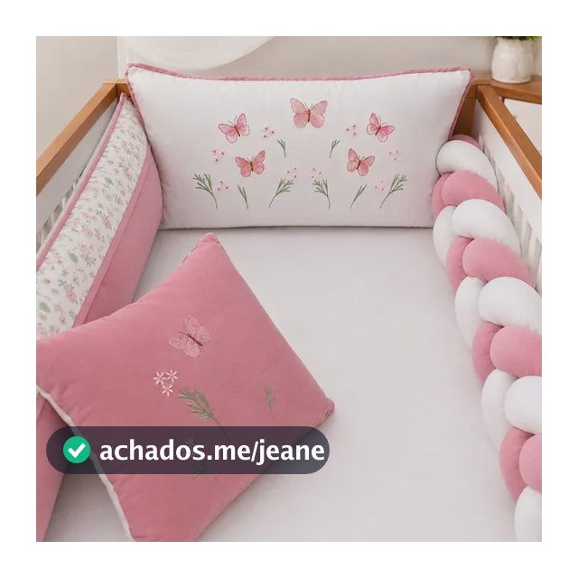 Kit Berço Americano Menina Borboleta Rosê 9 Pçs Luxo Algodão Borboletas Rosê Com Branco