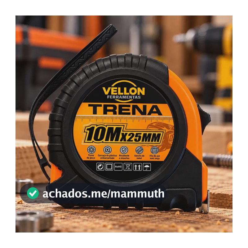 Trena Profissional 10 Metros 25mm Reforçada Emborrachada Com Trava Manual Fita Métrica 10M Retrátil Medição Fita De Aço Laranja Vellon