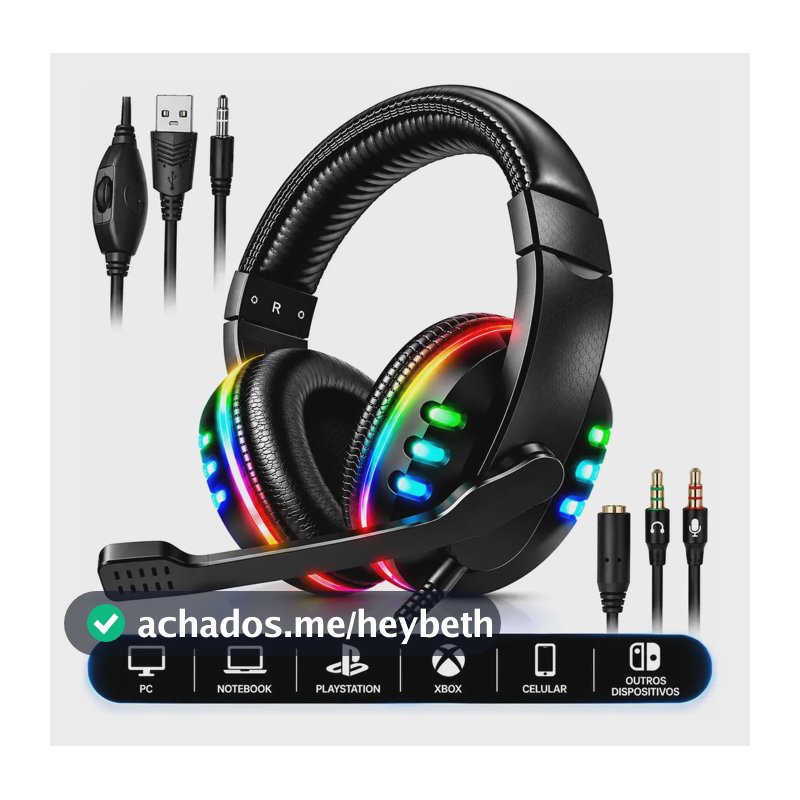 Headset Gamer RGB Led Com Microfone P2 P/ PC PS3 PS4 PS5 Xbox Celular Notebook Surround 5.1 Com Adaptador Landara