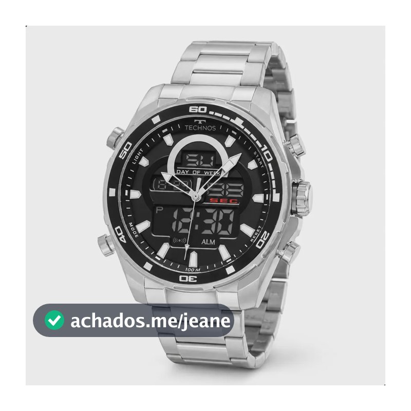 Relógio Technos Masculino BJK626AA/1K 50 Milímetros Anadigi Prata Todo em Aço Inox com Cronógrafo Alarme Calendário Prova D´agua 100m