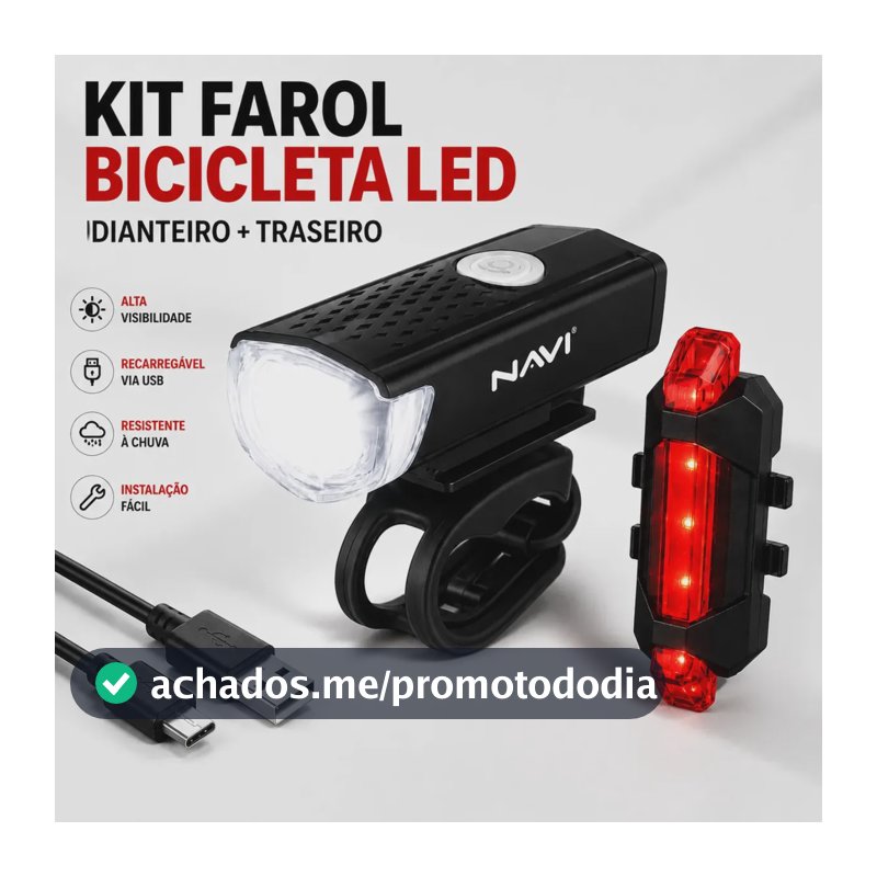 Kit Farol Bicicleta LED Recarregável USB NAVI / Lanterna Traseira Impermeável Luz Dianteira Potente Alta Visibilidade Sinalizador LED MTB Speed Urbana Elétrica com Modos de Pisca e Fixação Fácil