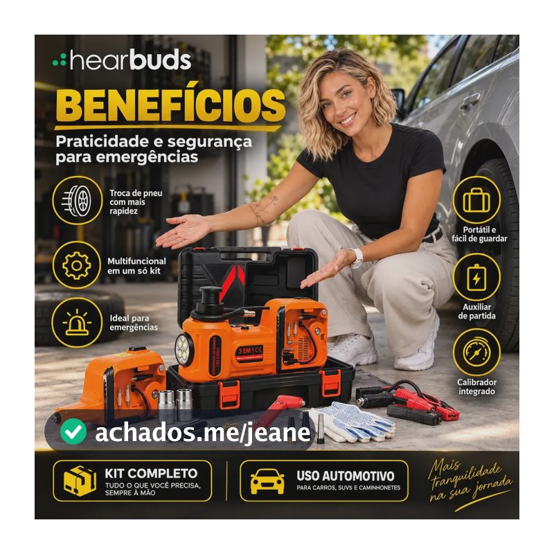 Macaco Elétrico 12V Para Troca De Pneu Automotivo Hidráulico Com Auxiliar De Partida Com Calibrador E Kit De Emergência