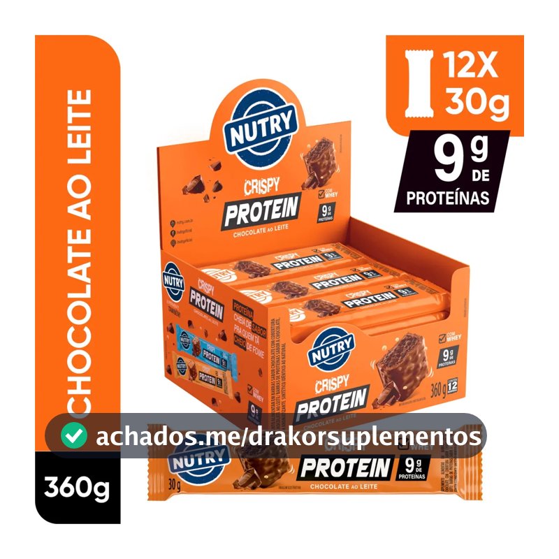 Barra de Proteínas Nutry Crispy Protein Chocolate ao Leite 30g - Display Com 12 Unidades - Com Whey e 9g de Proteínas