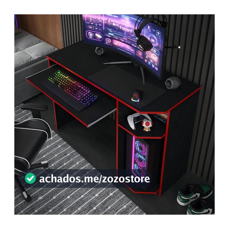 Escrivaninha Mesa Para Computador Gamer Teclado Cpu Cor Preto Vermelho