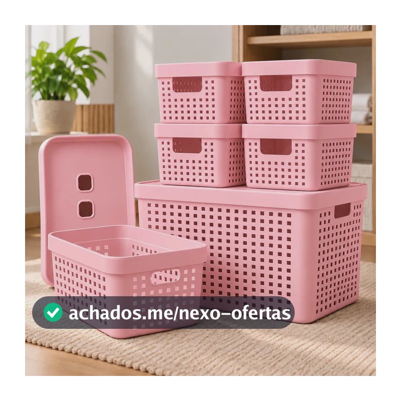 Kit 6 Caixas Organizadoras Com Tampa Invisivel 2l 4,5l 17l Cor Rosa