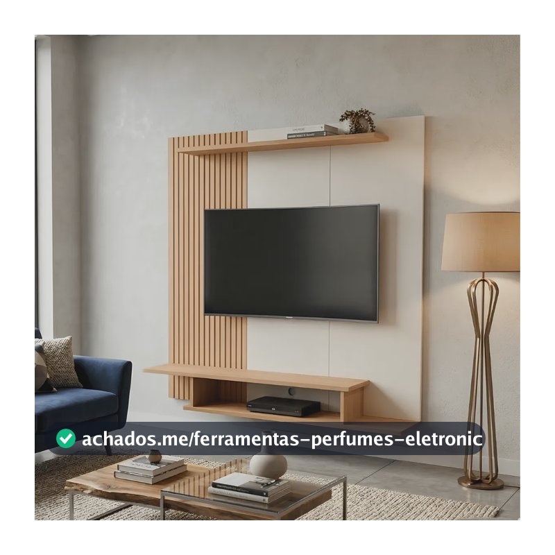 Estante Para Tv 55 Painel Ripado Com Prateleira E Nicho Sala Bege