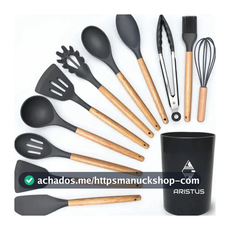 Kit 12 Utensílios De Silicone Com Cabo De Madeira - Marca Aristus Com Alta Resistência, Durável E Com Design Moderno, Perfeito Para Sua Cozinha Cor Cinza